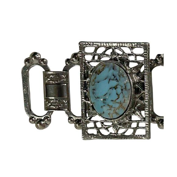80s Silver Tone Faux Turquoise & Iridescent Stones Retro Victorian Link Bracelet - Picture 4 of 7